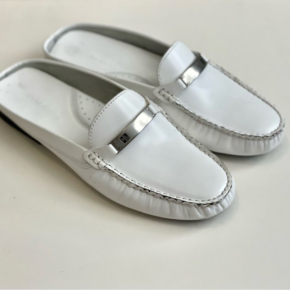 Lauren Ralph Lauren White Leather Mules with Silver Detail - Picture 2 of 13